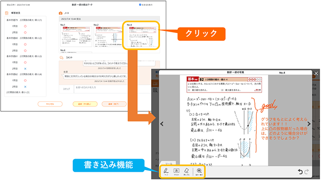 宿題詳細画面にて、各生徒の「ノート」にある画像をクリックします。画像が拡大されるので、ツールバーにある機能を使って書き込みます。