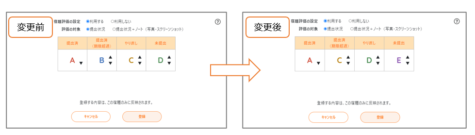 宿題評価の設定（個別設定） 宿題評価の設定画面